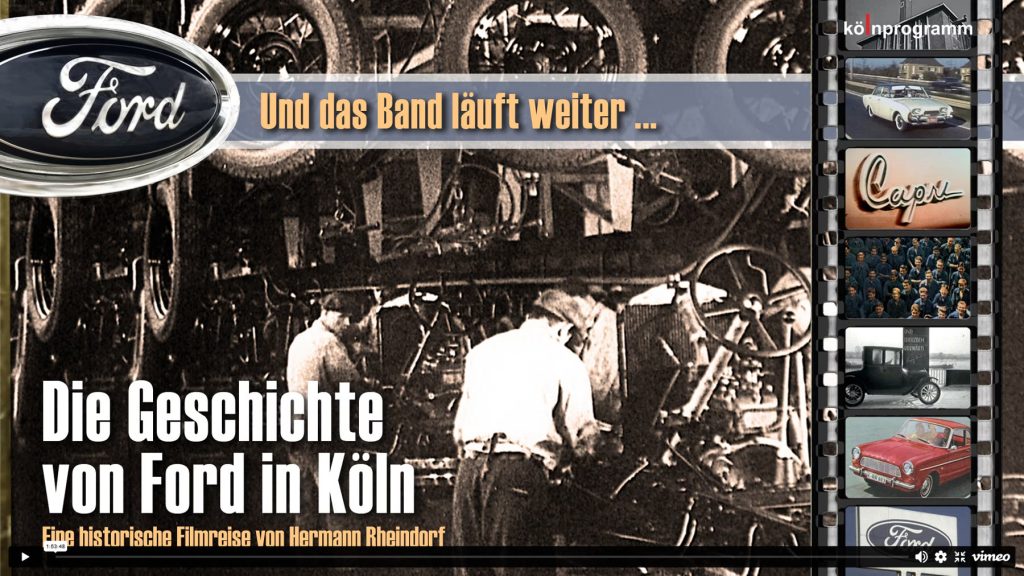 Ankündigungsgrafik für den Film "Die Geschichte von Ford in Köln" mit historischem Werksfoto und Ford-Logo.