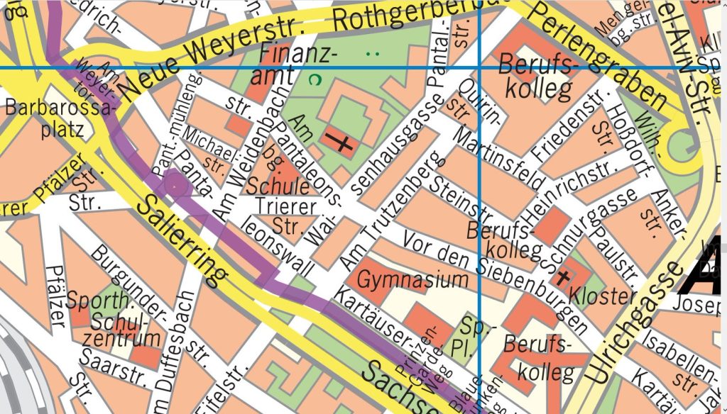 Ausschnitt eines Stadtplans von Köln mit Straßen wie Rothgerberbach, Perlengraben und Sachsenring rund um das Pantaleonsviertel.